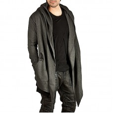 Mens Fashion Mid Long Avant  garde Irregular Hem Solid Color Pockets Hooded Cardigans