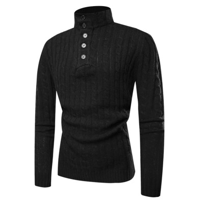 Mens Casual Breathable Buttons High Collar Solid Color Long Sleeve Sweaters