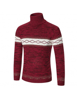 Mens Fashion High Collar Pullovers Wool Color Block Thick Warm Casual Sweaters