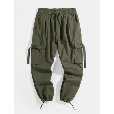 Mens Pocket Drawstring Elastic Waist Solid Color Mid Waist Cargo Pants