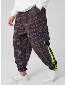 Mens Vintage Plaid Elastic Waist Zipper Fly Jogger Pants With Pocket