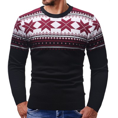 Men’s Christmas Snowflake Printing Patchwork Long Sleeve Crew Neck Casual Sweaters