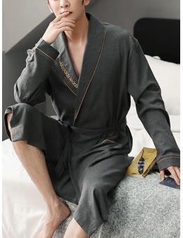 Mens Solid Color Letter Embroidery Double Pocket Lapel Sleepwear Robes With Sashes