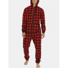 Mens Plaid Zipper Front Kangaroo Pocket Hooded One Piece Jumpsuit Home Warm Sleepwear