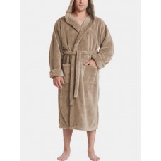 Mens Solid Color Flannel Thicken Warm Lace  Up Home Hooded Robe