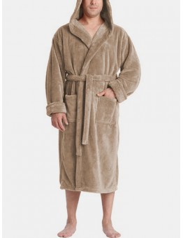 Mens Solid Color Flannel Thicken Warm Lace  Up Home Hooded Robe