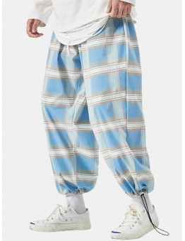 Mens Plaid Relaxed Fit Drawstring Cuff Pants With Pocket