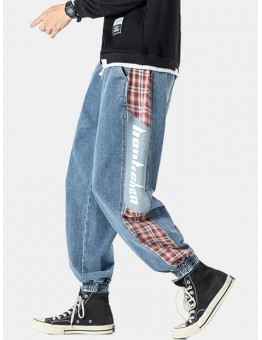 Mens Side Plaid Patchwork Letter Pritned Casual Drawstring Denim Jogger Pants