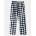 Mens Check Flannel Thicken Warm Elastic Waist Home Sleep Bottoms With Pocket