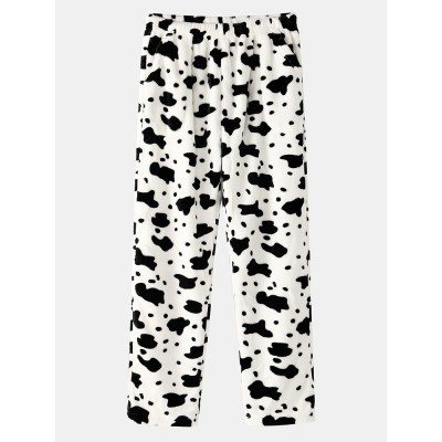 Mens Cows Pattern Thick Elastic Waist Plush Loose Pants Home Sleep Pants